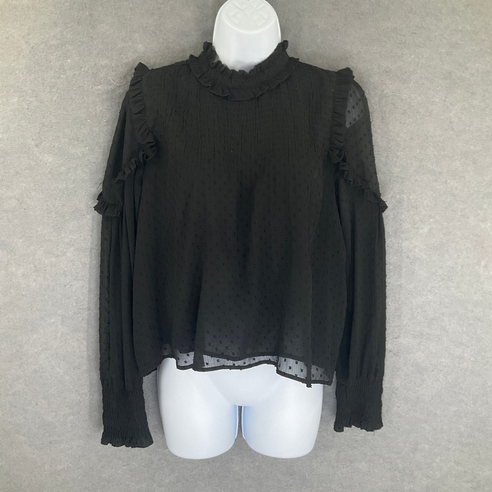 ZARA Top Sz M Black Ruffle High Neck Sheer Whimsigoth Blouse Grunge Dark Fairy